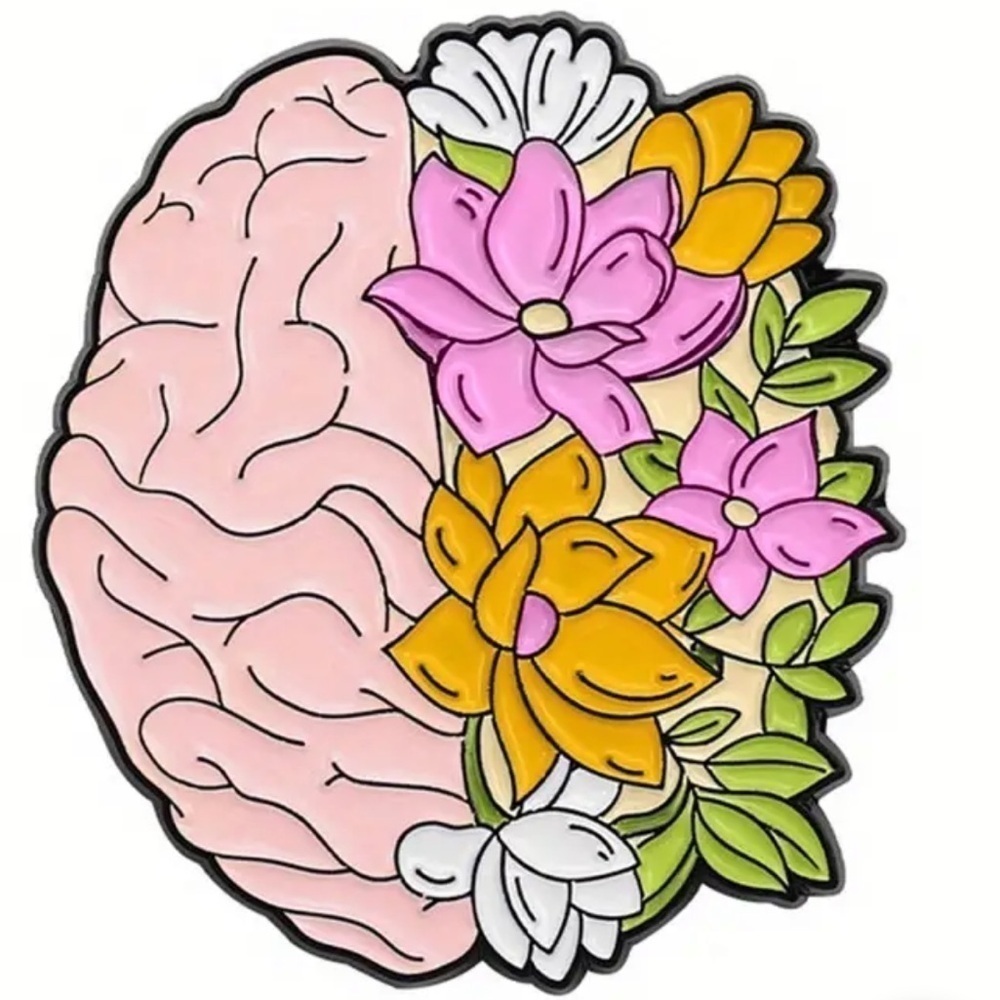 Anatomy Pin Broach Brain with Flowers Floral Organ Acrylic Metal Enamel Pin